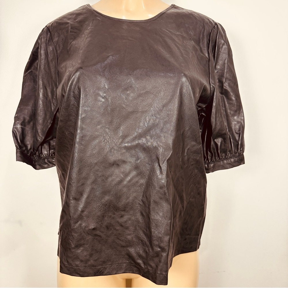 Who What Wear Faux Leather Top Sz L Black Puff Sleeves Buttons Shirt